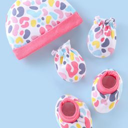Babyhug 100% Cotton Knit Cap Mittens & Booties Set Abstract Print - Pink-picture-34