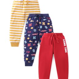 Babyhug Cotton Full Length Lounge Pants Striped & Text Printed Pack of 3 - Blue Yellow & Red-image-69