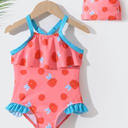 Kookie Kids Sleeveless V Cut Swimsuit With Cap Polka Dot Print- Red-6