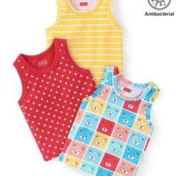 Babyhug 100% Cotton Antibacterial Sleeveless Sando Stripes & Bear Print Pack Of 3 - Red Yellow & Blue-image-45
