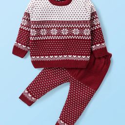 Babyhug Knitted Full Sleeves Baby Sweater Set with Floral Design - Maroon-image-86
