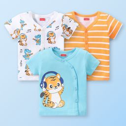 Babyhug 100% Cotton Knit Set of  Vests with Striped Crocodile & Tiger Print Pack of 3 - Multicolour-image-15