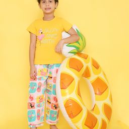 Knitting Doodles Pure Cotton Woven Half Sleeves Flamingo Printed T-Shirt &  Pajama Set - Yellow-image-65