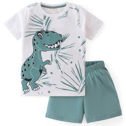 BLUSHES Cotton Knit Half Sleeves Dinosaur Printed Coordinating Night Suit - White & Olive Green-image-56