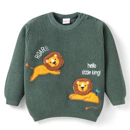 Babyhug Knit FullSleeves Pullover Sweater with Lion Design - Green-image-6