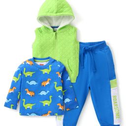 Babyhug Terry Knit Full Sleeves T-Shirt & Pant Set with Hooded Jacket Dino Print - Blue & Neon Green-image-12
