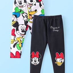Babyhug Disney Cotton Lycra Knit Full Length Leggings With Minnie Mouse & Friends Print Pack Of 2 - Black & White-image-77