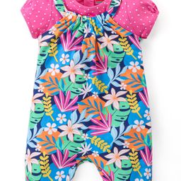Babyhug Single Jersey Knit Puffed Sleeves Top & Dungaree Set Floral Print - Pink & Green-image-33