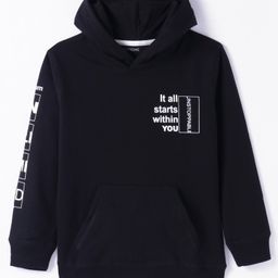 Doreme Lycra Knit Full Sleeves Hooded Sweatshirt Text Print & Kangaroo Pockets - Black-image-78