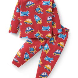 Babyhug Cotton Knit Full Sleeves Aeroplane & Car Printed Night Suit - Red-image-31