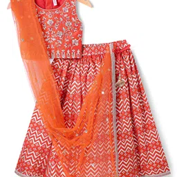 Babyhug Woven Sleeveless FloralEmbroidered Choli Lehenga & Dupatta Set with Tassle Detailing & Foil Print - Orange-picture-39