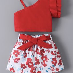 Mark & Mia Sleeveless Top & Shorts Set with Fabric Belt & Floral Print - White & Red-image-108