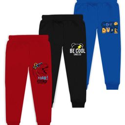 J&JP Cotton Looper Pack Of 3 Cool Dude Text & Dinosaur Printed Track Pants - Red Black & Blue-image-16