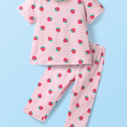 Babyhug Cotton Knit Half Sleeves Striped Co-ords Night Suit with Strawberry Print - Pink-image-38