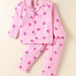 Rikidoos Cotton Woven Full Sleeves Striped & Strawberries Printed Coordinating Night Suit Set - Baby Pink-picture-19