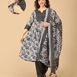 The Mom Store Cotton Three Fourth Sleeves Floral Printed Maternity Kurta With Nursing Access & Salwar With Dupatta - Multi Colour-image-97