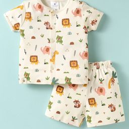 First Smile Sinker Knit Half Sleeves Shorts Co-Ord Night Suit with Animal Print - Cream-image-85