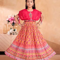 Aarika Georgette Woven Sleeveless Floral Printed & Embroidered Mirror Work Detailed Gown - Rani Pink & Yellow-image-76