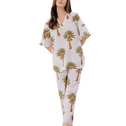 Piu Cotton Woven Three Fourth Sleeves Palm Trees Printed Coordinating Maternity Night Suit Set - White-image-72