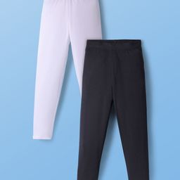 Pine Kids Cotton Knit Full Length Solid Colour Leggings Pack Of 2 - Black & White-picture-19