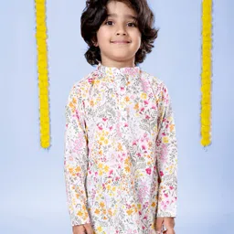 Kiddopanti Cotton Woven Full Sleeves Floral Printed Short Kurta - White-picture-40