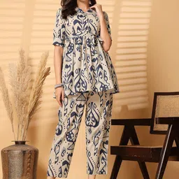 Pistaa Ethnic Motifs Printed Lapel Collar Pure Cotton Tunic With Trouser-25