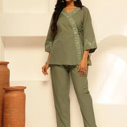 KALINI Women Pista Green Angrakha Cotton Stitched Co-Ord Set-picture-38