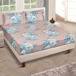 Myntra Elegant Homes Beige & Blue Floral Microfiber 144TC Queen Bedsheet & 2 Pillow Covers-image-95