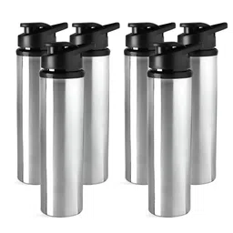 Aura Silver & Black Set of 6 Stainless Steel Solid 700 ml Water Bottles With Flip Top Cap-image-34