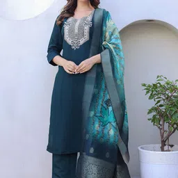 Anouk Ethnic Motifs Embroidered Regular Pure Silk Straight Kurta with Trousers & Dupatta-picture-20