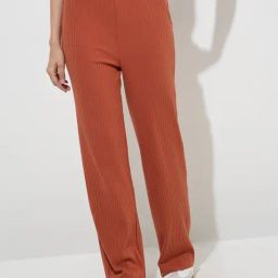 LOV by Westside Rust Ribbed-Textured Cotton-Blend High-Rise Pants-95