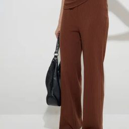 LOV by Westside Brown Ribbed-Textured Cotton-Blend High-Rise Pants-image-74