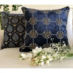 TARA Sparkling Homes Blue Embroidered Luxury Velvet Cushion Cover - Set of 1-image-90