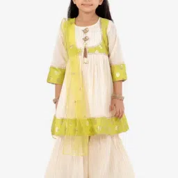 Little Bansi Kids Cream & Green Cotton Zari Work Suit Set-image-40