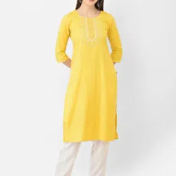 Span Yellow Cotton Embroidered Straight Kurta-image-56