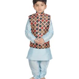 SG Yuvraj Kids Cream & Blue Printed Full Sleeves Kurta Set-image-78