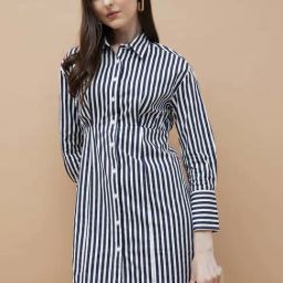 Code By Lifestyle Off White Cotton Regular Fit Striped Dress-picture-25