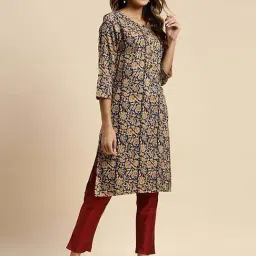 Rangita Navy Cotton Floral Print Straight Kurta-17