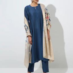 Vark by Westside Teal Fit-and-Flare Kurta, Pants and Floral Dupatta Set-picture-21