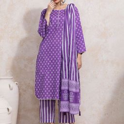 Moara Floral Printed Round Neck Pure Cotton Straight Kurta With Trousers & Dupatta-image-73