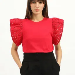 United Colors Of Benetton Red Pure Cotton Regular Fit Embroidered Top-image-30