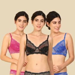 AROUSY Black & Pink Self Pattern Bra Panty Set - Pack Of 3-image-53