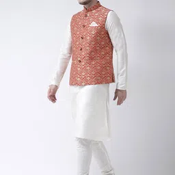 DEYANN Men Red & White Self Design Kurta with Churidar and Nehru Jacket image 5