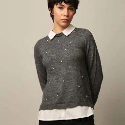 Only Dark Grey Melange Pearl Embellished Pullover-image-92