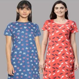 Kryptic Orange & Blue Cotton Printed Night Dress - Pack Of 2-picture-28