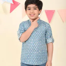 Fabindia Boys Blue Cotton Printed Kurta-image-110