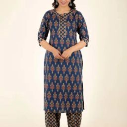 Aramya Blue Cotton Floral Print Straight Kurta-image-27