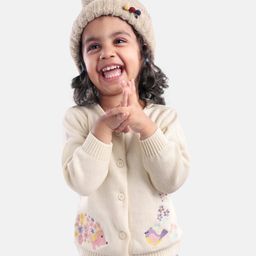 Babyoye Cotton Full Sleeves Front Open Sweater Knitted Floral Design - White-picture-3