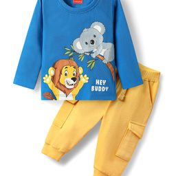 Babyhug 100% Cotton Knit Full Sleeves Lion & Koala Bear Printed T-Shirt & Lounge Pant Set - Blue & Yellow-image-20