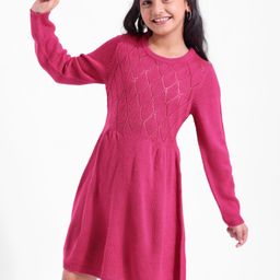 Hola Bonita Full Sleeves Diamond Pattern Pointelle Knit Sweater Dress - Pink-image-16